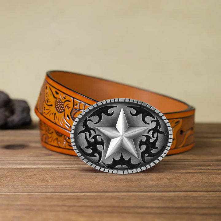 Men's DIY Silver Lone Star Buckle Leather Belt - Star - Orange Carved Belt (40) - image 15