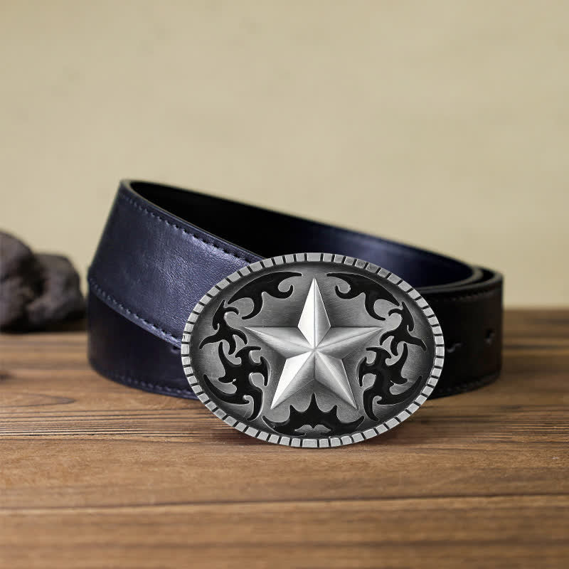 Men's DIY Silver Lone Star Buckle Leather Belt - Star - Black PU Belt (40) - image 3