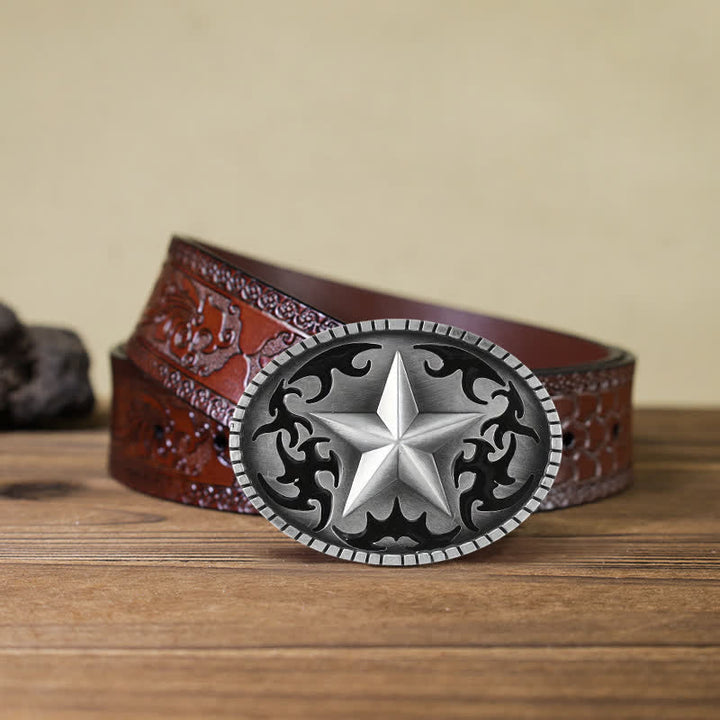 Men's DIY Silver Lone Star Buckle Leather Belt - Star - Brown Carved Belt (40) - image 11