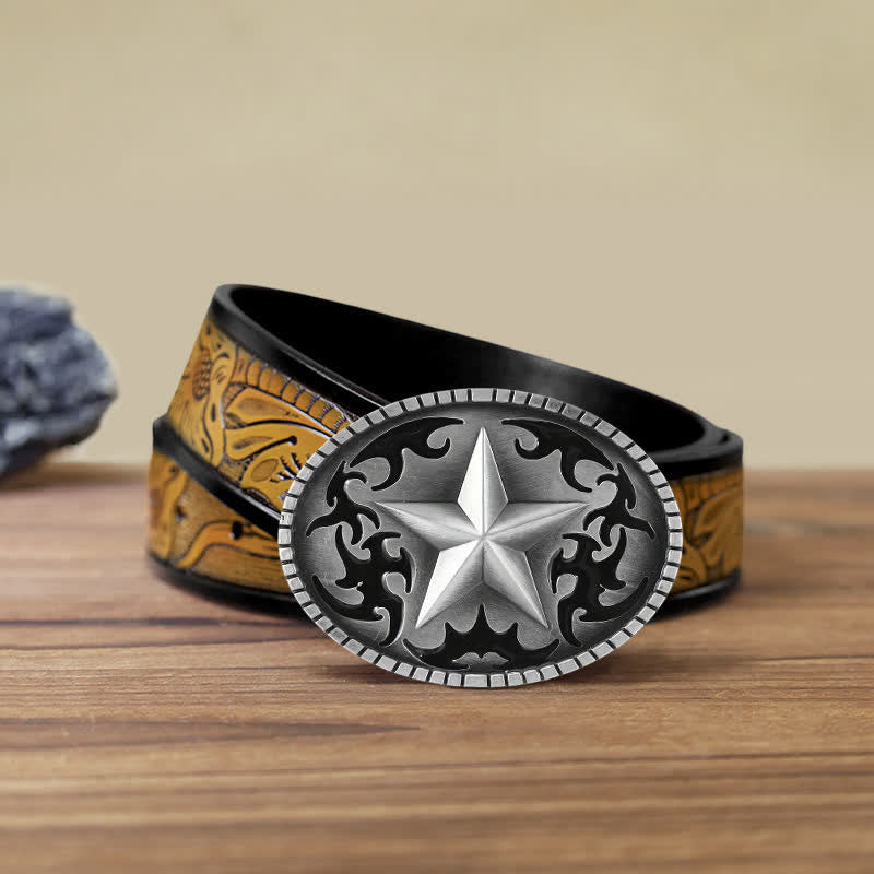 Men's DIY Silver Lone Star Buckle Leather Belt - Star - SandyBrown Belt (40) - image 13