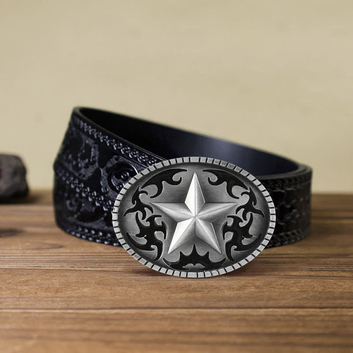 Men's DIY Silver Lone Star Buckle Leather Belt - Star - Black Carved Belt (40) - image 9
