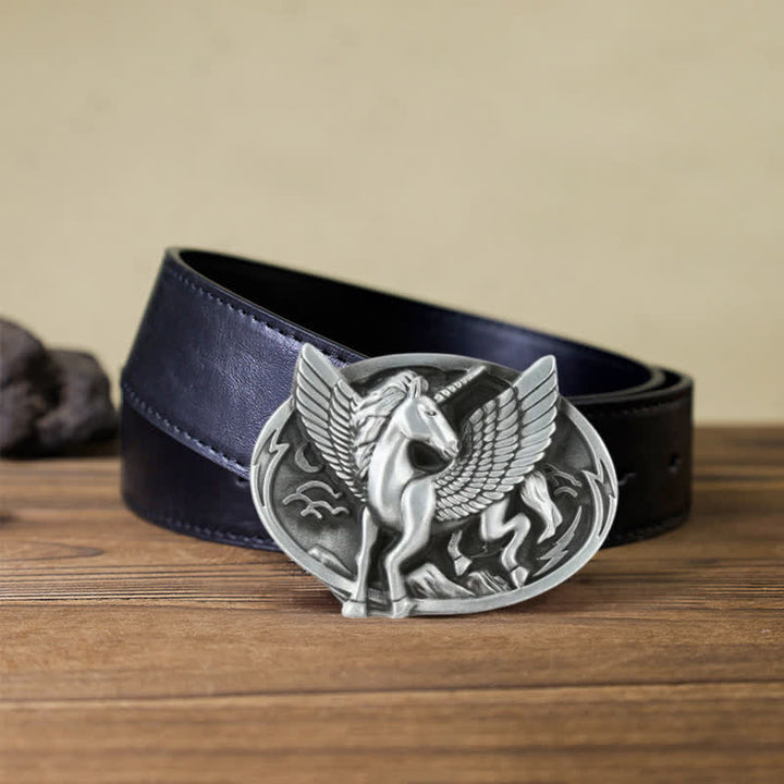 Men's DIY Antique Silver Unicorn Buckle Leather Belt - Unicorn - Black PU Belt (40) - image 5