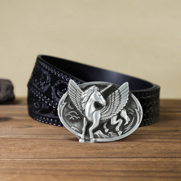 Men's DIY Antique Silver Unicorn Buckle Leather Belt - Unicorn - Black Carved Belt (40) - image 11