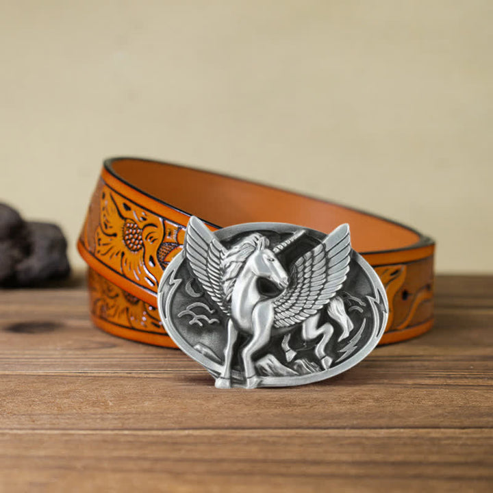 Men's DIY Antique Silver Unicorn Buckle Leather Belt - Unicorn - Orange Carved Belt (40) - image 17