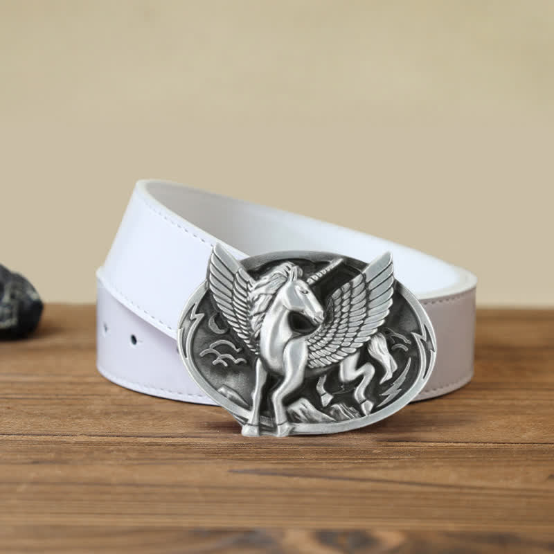 Men's DIY Antique Silver Unicorn Buckle Leather Belt - Unicorn - White PU Belt (40) - image 7