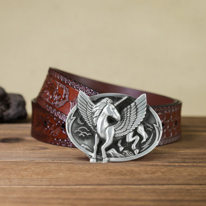 Men's DIY Antique Silver Unicorn Buckle Leather Belt - Unicorn - Brown Carved Belt (40) - image 13