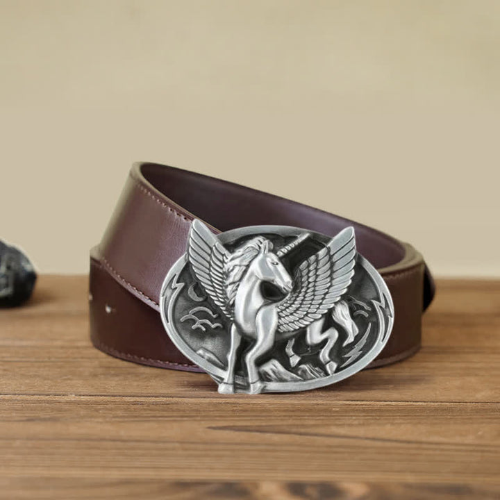 Men's DIY Antique Silver Unicorn Buckle Leather Belt - Unicorn - Brown PU Belt (40) - image 9