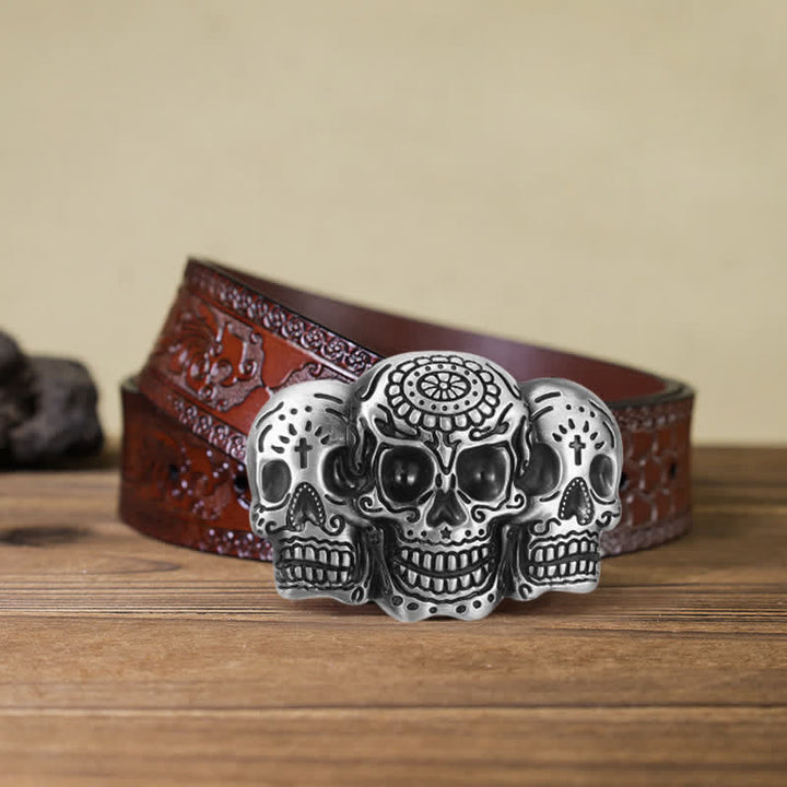 Men's DIY Triple Skull Head Buckle Leather Belt - 3 Skulls - Brown Carved Belt (40) - image 12