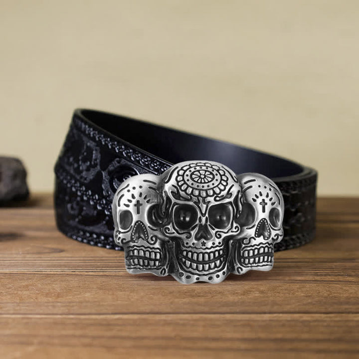 Men's DIY Triple Skull Head Buckle Leather Belt - 3 Skulls - Black Carved Belt (40) - image 10