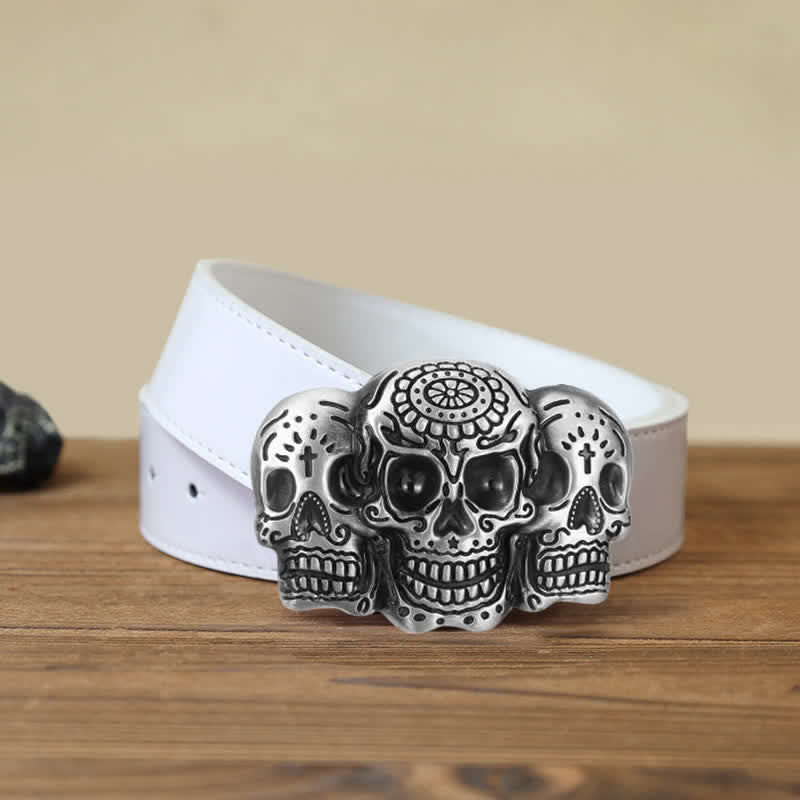 Men's DIY Triple Skull Head Buckle Leather Belt - 3 Skulls - White PU Belt (40) - image 6