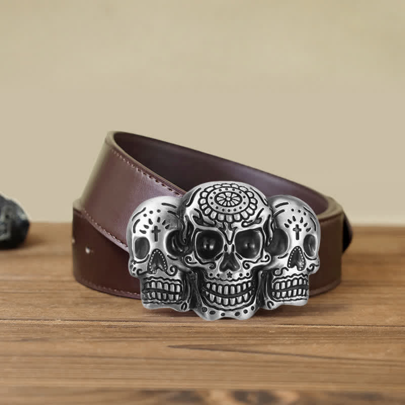 Men's DIY Triple Skull Head Buckle Leather Belt - 3 Skulls - Brown PU Belt (40) - image 8