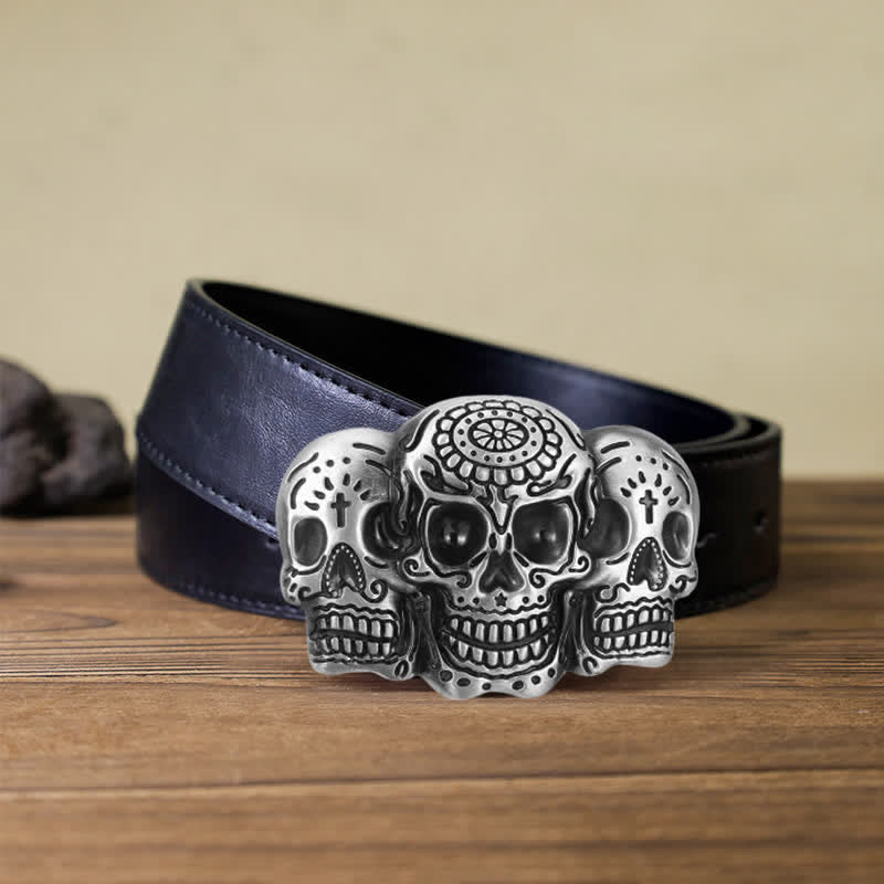 Men's DIY Triple Skull Head Buckle Leather Belt - 3 Skulls - Black PU Belt (40) - image 4
