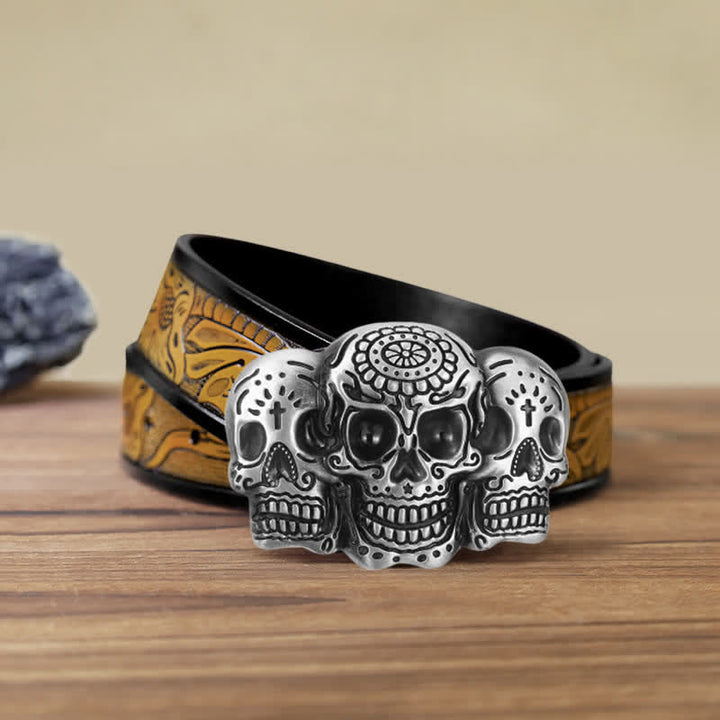 Men's DIY Triple Skull Head Buckle Leather Belt - 3 Skulls - SandyBrown Belt (40) - image 14