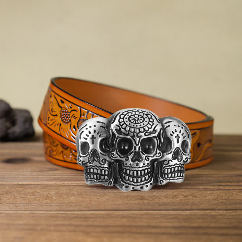 Men's DIY Triple Skull Head Buckle Leather Belt - 3 Skulls - Orange Carved Belt (40) - image 16