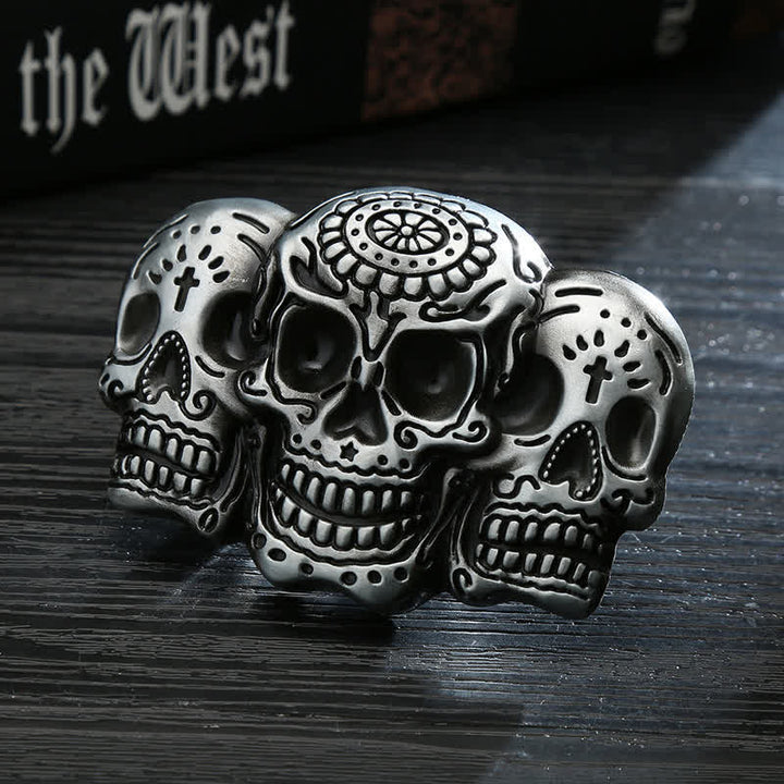 Men's DIY Triple Skull Head Buckle Leather Belt - 3 Skulls - Without Belt - image 0
