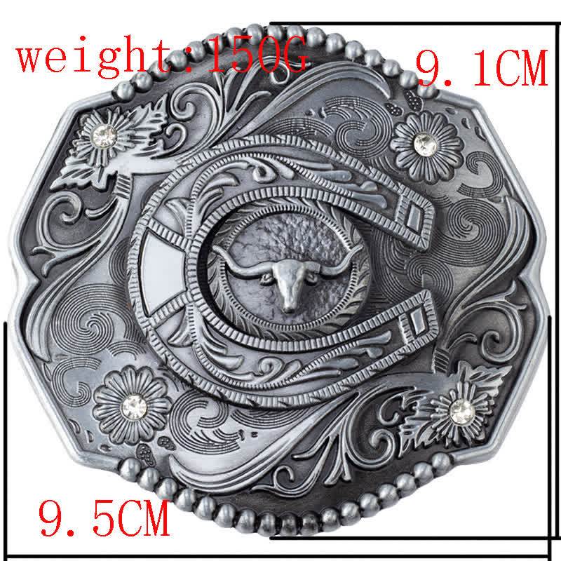 Men's DIY Rhinestone Floral Bull Buckle Leather Belt - image 2
