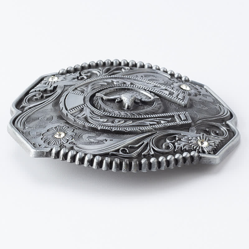 Men's DIY Rhinestone Floral Bull Buckle Leather Belt - image 3