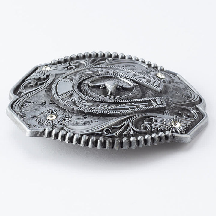 Men's DIY Rhinestone Floral Bull Buckle Leather Belt - image 3