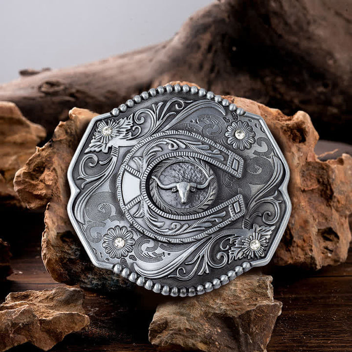 Men's DIY Rhinestone Floral Bull Buckle Leather Belt - Bull - Without Belt - image 0