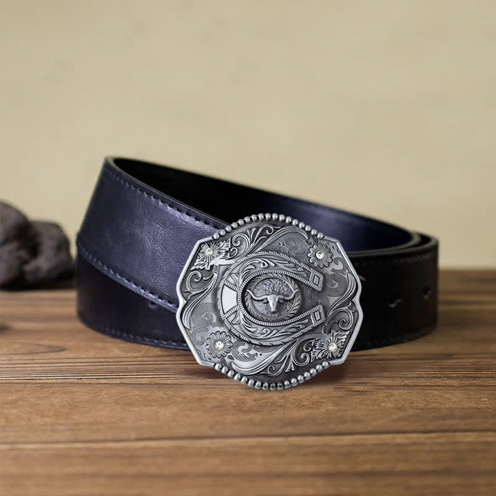 Men's DIY Rhinestone Floral Bull Buckle Leather Belt - Bull - Black PU Belt (40) - image 5