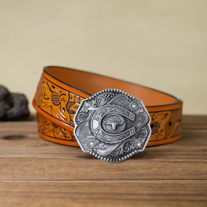 Men's DIY Rhinestone Floral Bull Buckle Leather Belt - Bull - Orange Carved Belt (40) - image 17