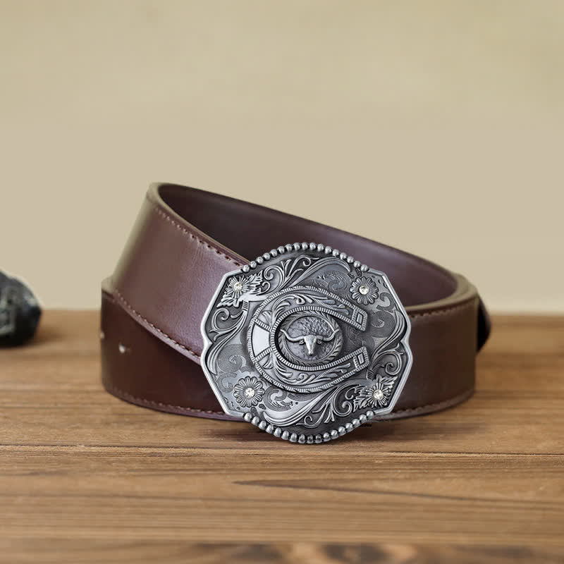 Men's DIY Rhinestone Floral Bull Buckle Leather Belt - Bull - Brown PU Belt (40) - image 9