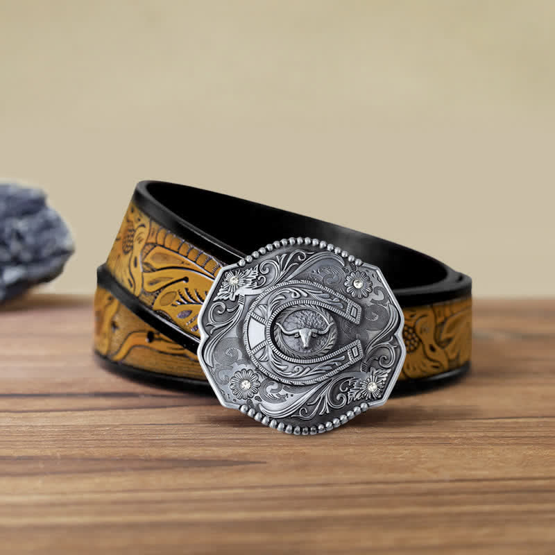 Men's DIY Rhinestone Floral Bull Buckle Leather Belt - Bull - SandyBrown Belt (40) - image 15