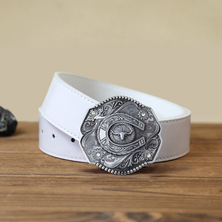 Men's DIY Rhinestone Floral Bull Buckle Leather Belt - Bull - White PU Belt (40) - image 7