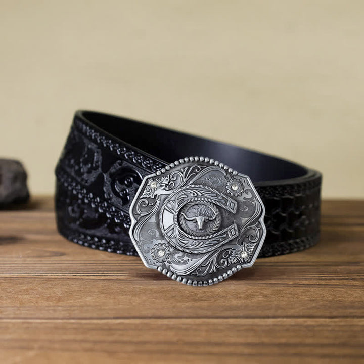 Men's DIY Rhinestone Floral Bull Buckle Leather Belt - Bull - Black Carved Belt (40) - image 11