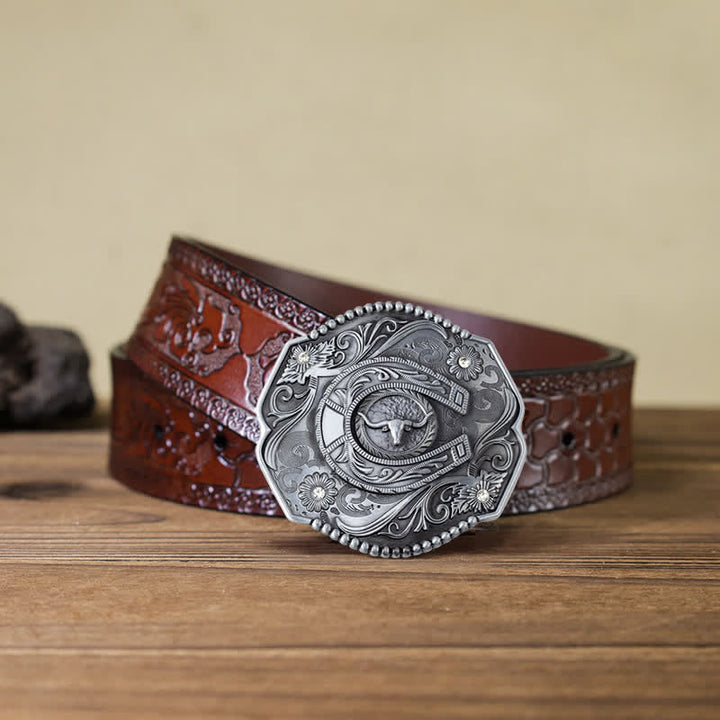 Men's DIY Rhinestone Floral Bull Buckle Leather Belt - Bull - Brown Carved Belt (40) - image 13
