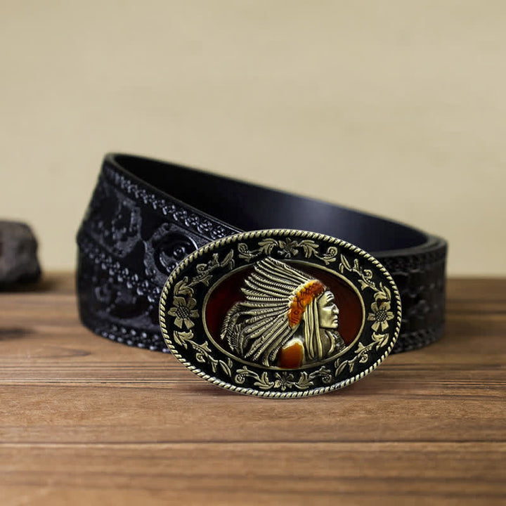 Men's DIY Indian Chief Tribal Buckle Leather Belt - Antique Bronze - Black Carved Belt (40) - image 14