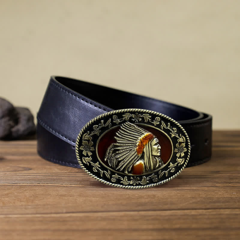 Men's DIY Indian Chief Tribal Buckle Leather Belt - Antique Bronze - Black PU Belt (40) - image 5