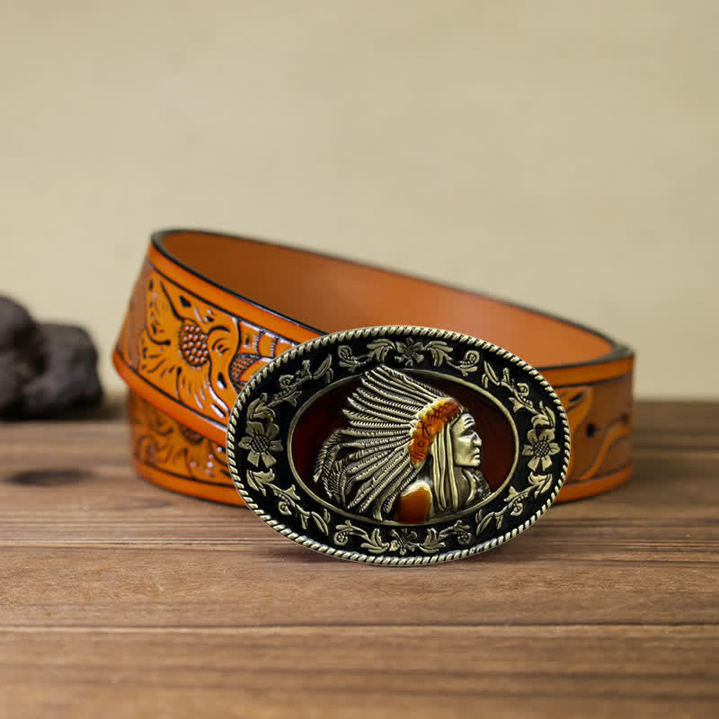 Men's DIY Indian Chief Tribal Buckle Leather Belt - Antique Bronze - Orange Carved Belt (40) - image 23