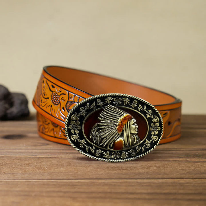 Men's DIY Indian Chief Tribal Buckle Leather Belt - Antique Bronze - Orange Carved Belt (40) - image 23
