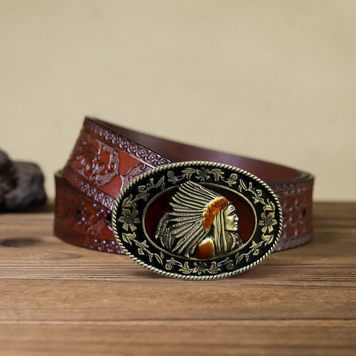 Men's DIY Indian Chief Tribal Buckle Leather Belt - Antique Bronze - Brown Carved Belt (40) - image 17