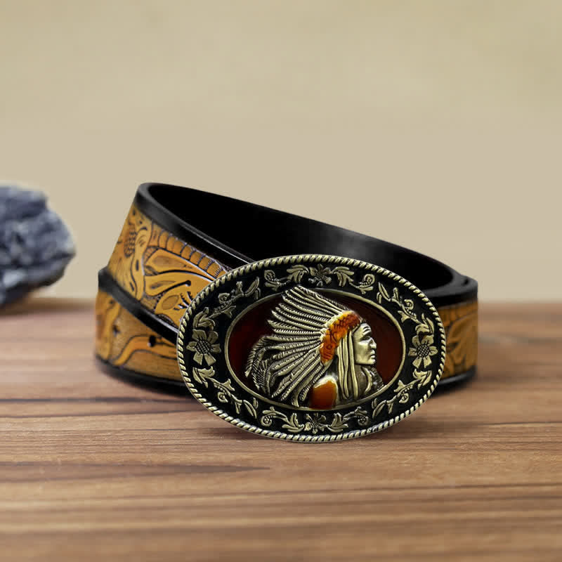 Men's DIY Indian Chief Tribal Buckle Leather Belt - Antique Bronze - SandyBrown Belt (40) - image 20