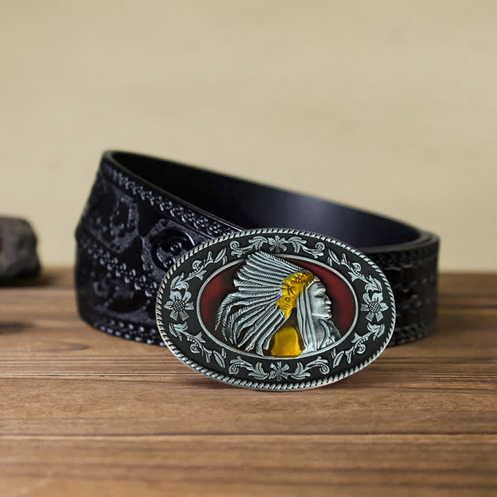 Men's DIY Indian Chief Tribal Buckle Leather Belt - Antique Silver - Black Carved Belt (40) - image 13