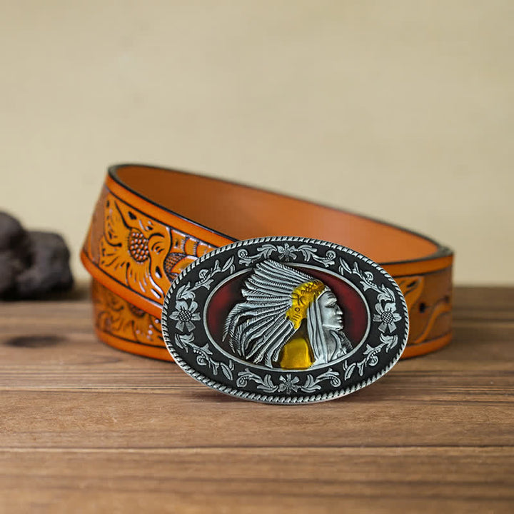 Men's DIY Indian Chief Tribal Buckle Leather Belt - Antique Silver - Orange Carved Belt (40) - image 22