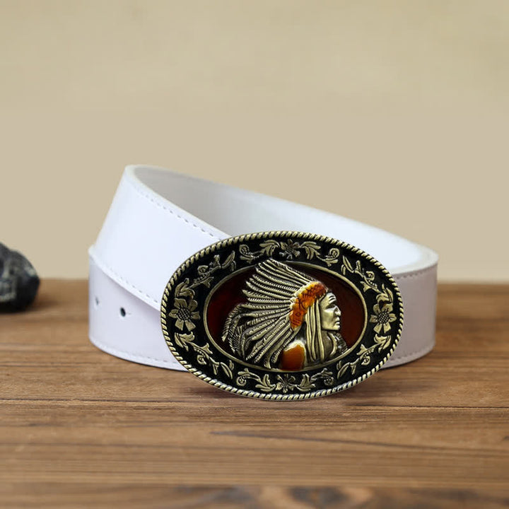 Men's DIY Indian Chief Tribal Buckle Leather Belt - Antique Bronze - White PU Belt (40) - image 8