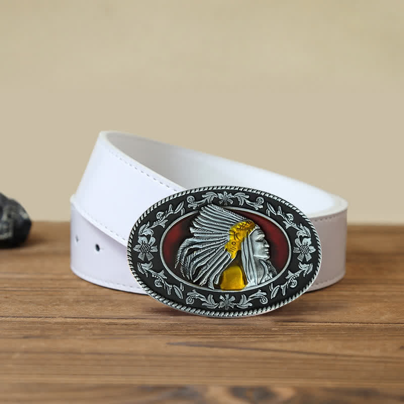 Men's DIY Indian Chief Tribal Buckle Leather Belt - Antique Silver - White PU Belt (40) - image 7