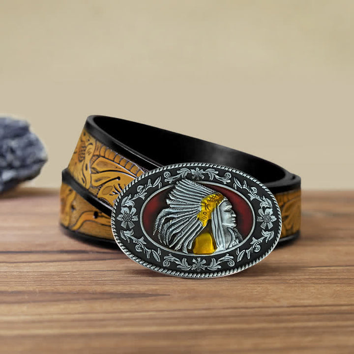 Men's DIY Indian Chief Tribal Buckle Leather Belt - Antique Silver - SandyBrown Belt (40) - image 19