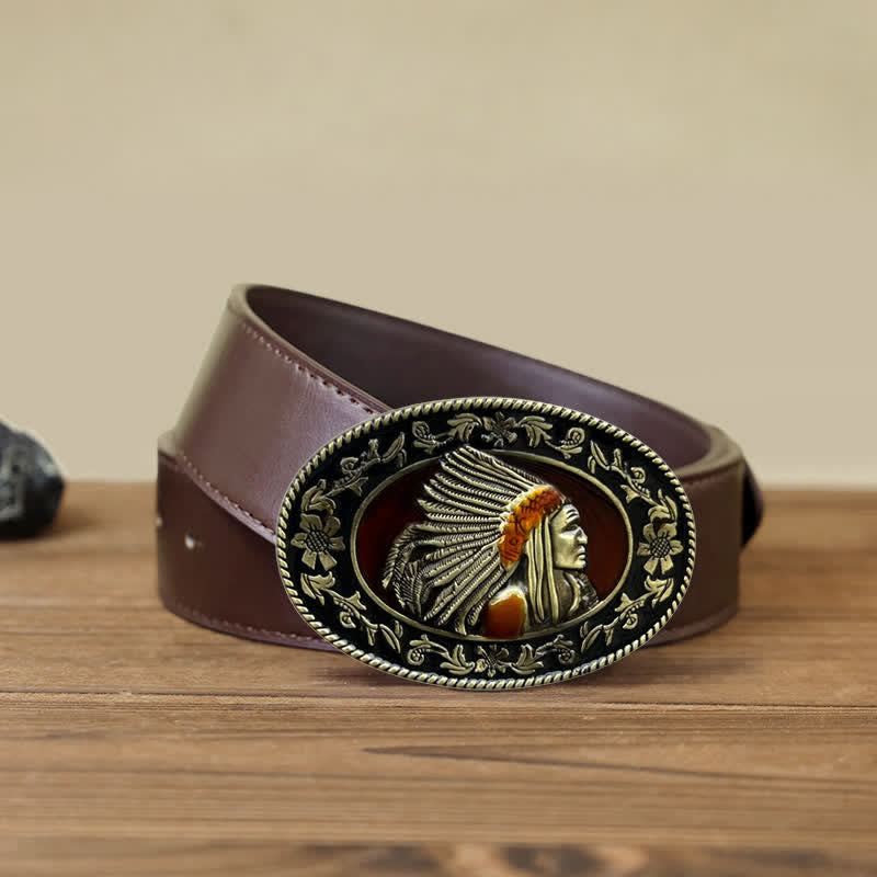 Men's DIY Indian Chief Tribal Buckle Leather Belt - Antique Bronze - Brown PU Belt (40) - image 11