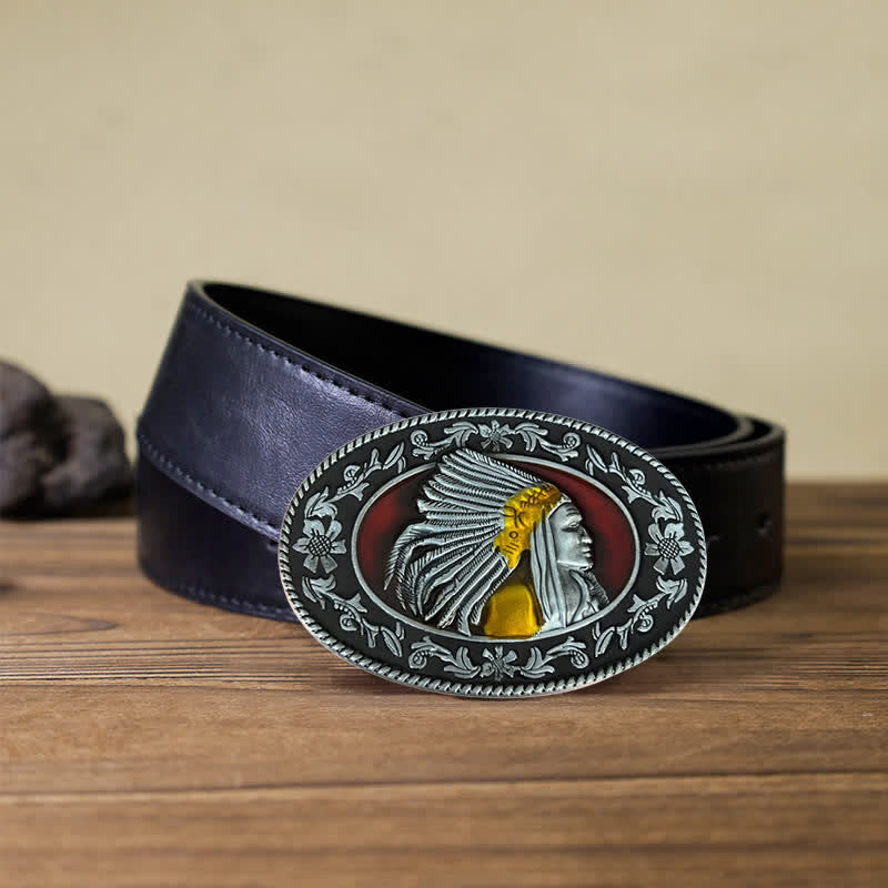Men's DIY Indian Chief Tribal Buckle Leather Belt - Antique Silver - Black PU Belt (40) - image 4