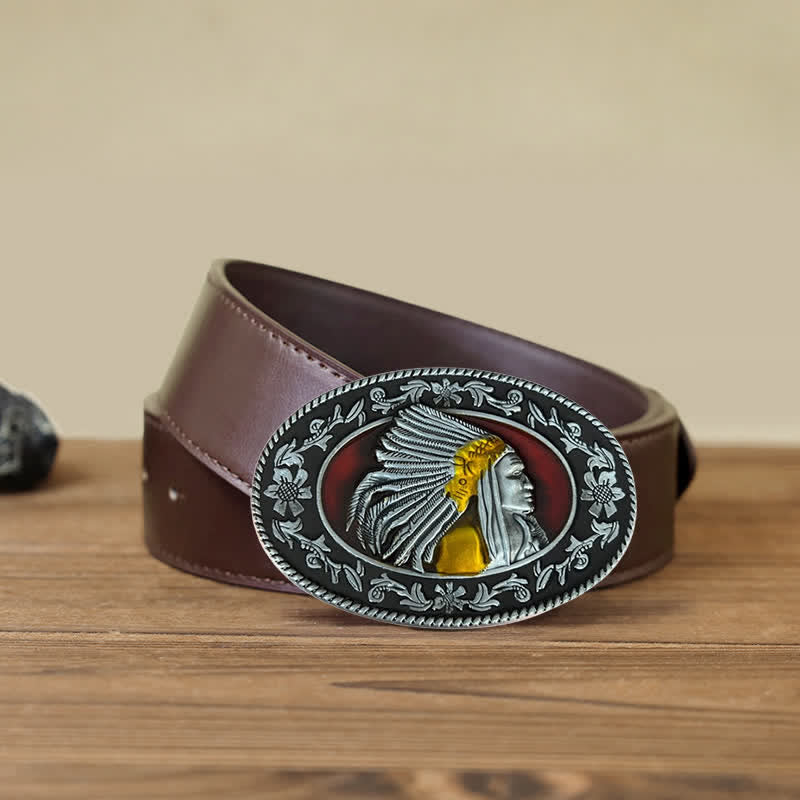 Men's DIY Indian Chief Tribal Buckle Leather Belt - Antique Silver - Brown PU Belt (40) - image 10