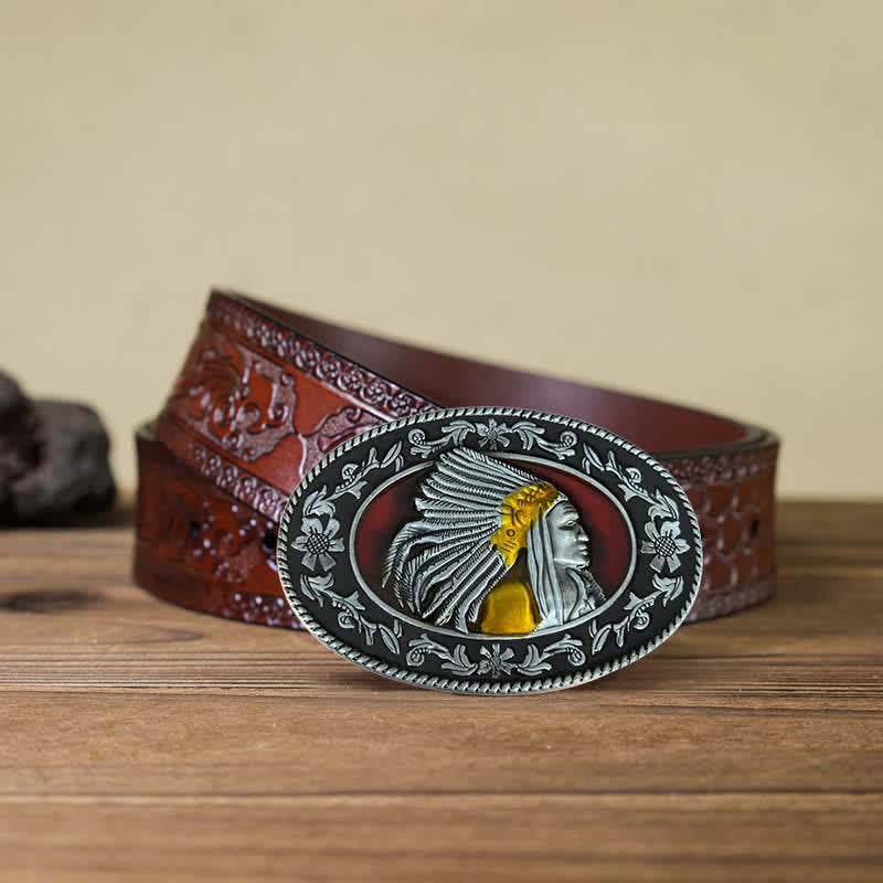Men's DIY Indian Chief Tribal Buckle Leather Belt - Antique Silver - Brown Carved Belt (40) - image 16
