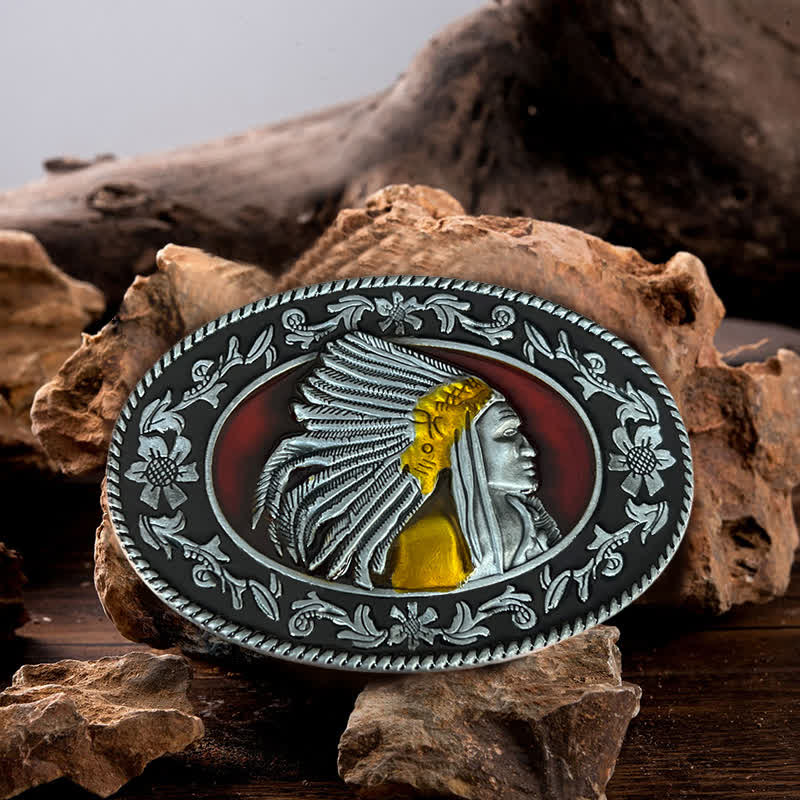 Men's DIY Indian Chief Tribal Buckle Leather Belt - Antique Silver - Without Belt - image 0