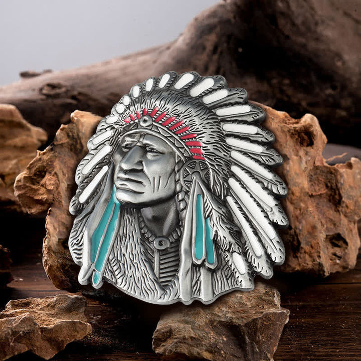 Men's DIY Colored Indian Chief Buckle Leather Belt - Antique Silver - Without Belt - image 0