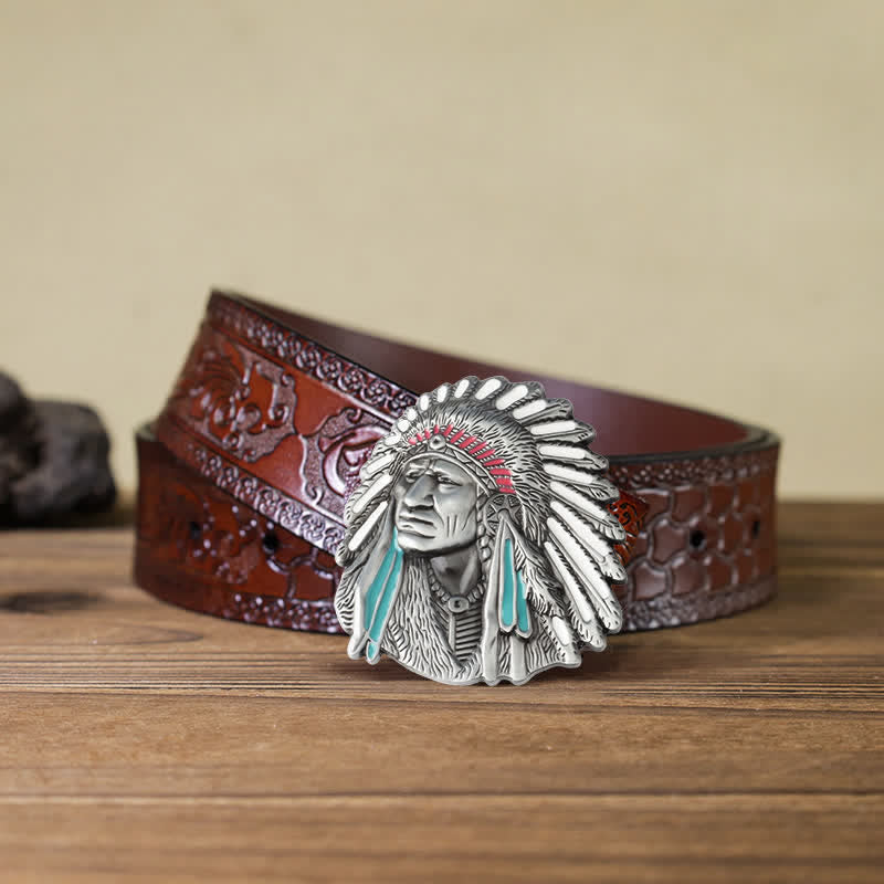 Men's DIY Colored Indian Chief Buckle Leather Belt - Antique Silver - Brown Carved Belt (40) - image 18