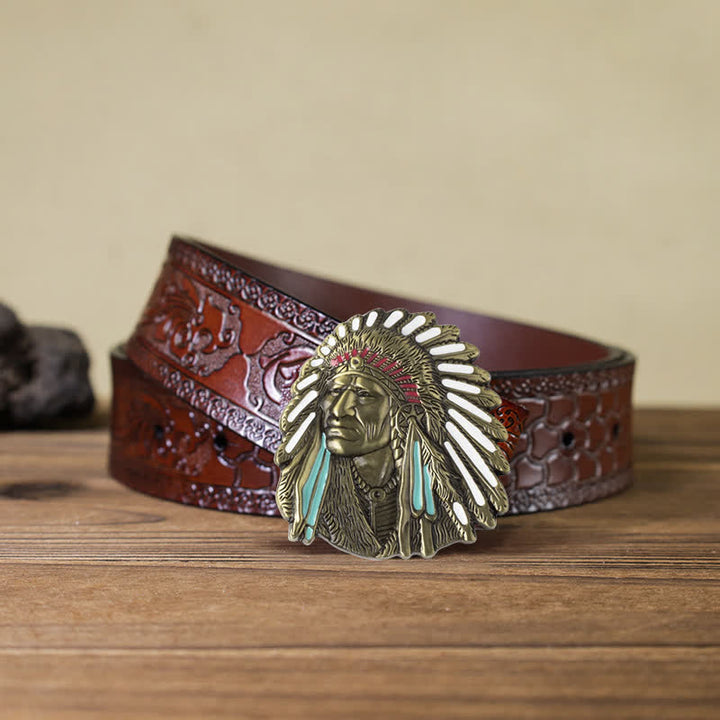 Men's DIY Colored Indian Chief Buckle Leather Belt - Antique Bronze - Brown Carved Belt (40) - image 19