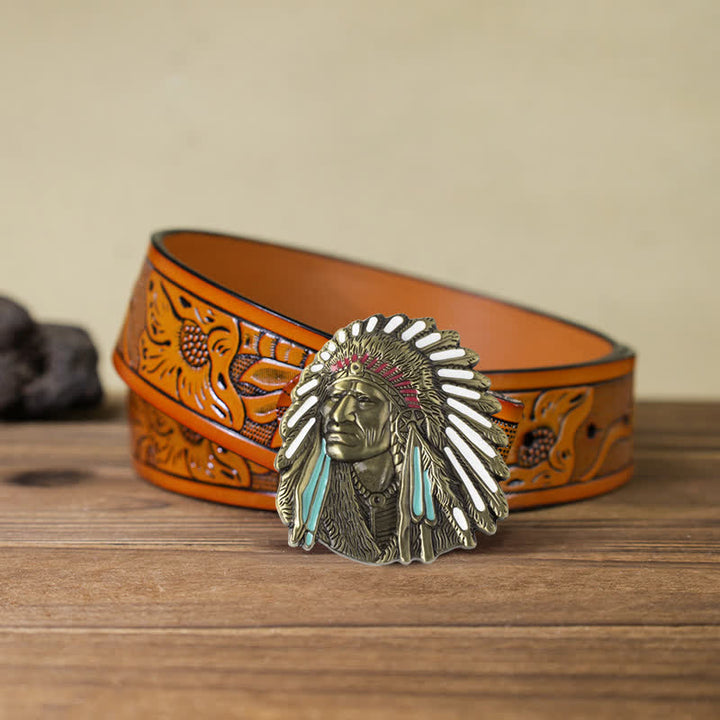 Men's DIY Colored Indian Chief Buckle Leather Belt - Antique Bronze - Orange Carved Belt (40) - image 25
